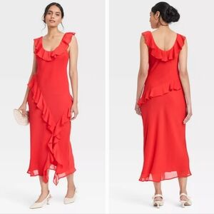 New A New Day Vibrant Red Ruffle Asymmetrical Slip Midi Dress. Size M